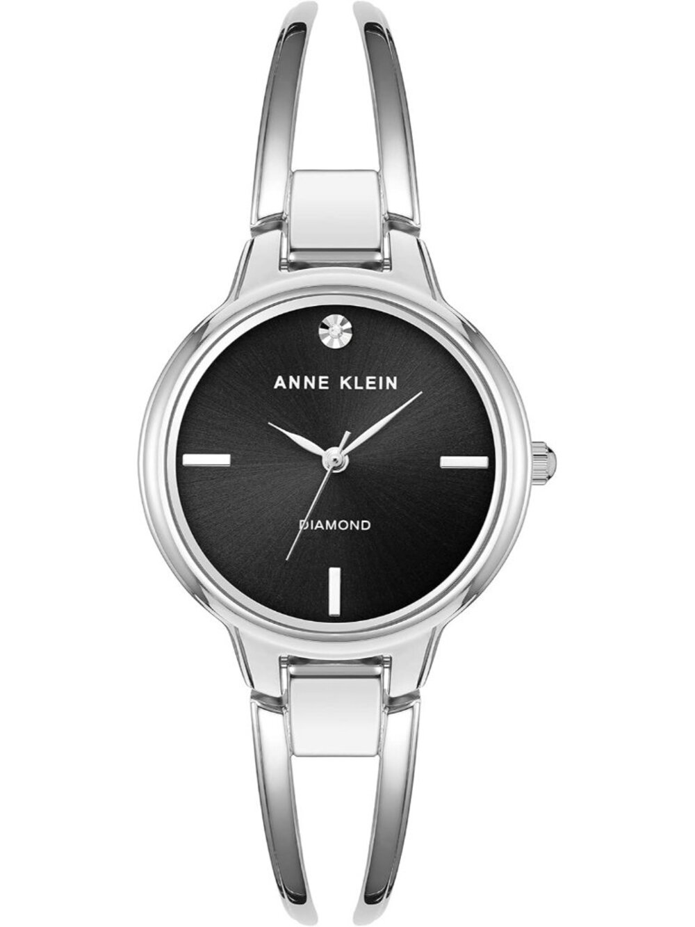 Women's Silver Black Genuine Diamond Dial Adjustable Bangle Crystal Lens Watch